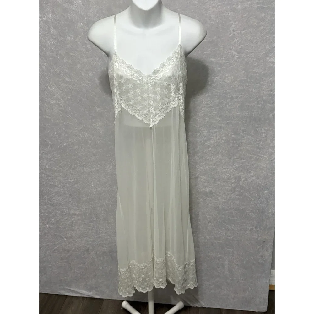 Vintage Leona White Sheer Lace Mesh Slip Dress Nightgown Lingerie Bridal Size S - Picture 2 of 8